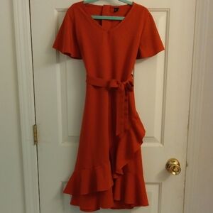 SHEIN Red-Orange Asymmetrical Wrap Midi Dress